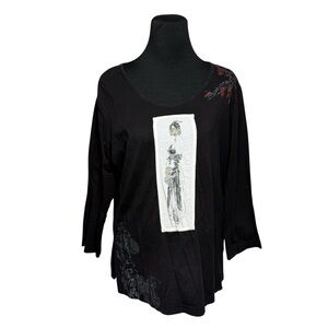 LA BLEND Tunic XL Asian Inspired Geisha Cotton Black Shirt Top Boho Romantic